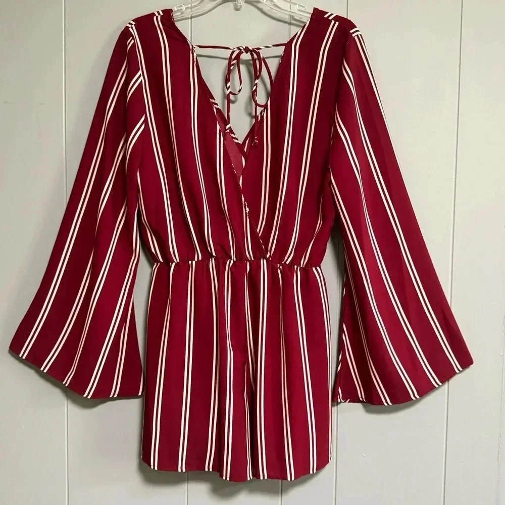 PEPPERMENT Vneck Long Flare Sleeves Back Tie Burgundy Stripe Short Romper Size M